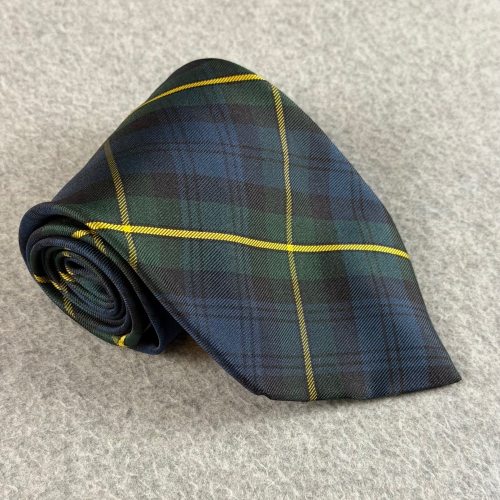 Vintage Abercrombie & Fitch Silk Tie Plaid Navy Blue Green Yellow Italy 56x3.75"